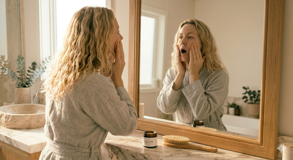 Vrouw doet face gym voor spiegel