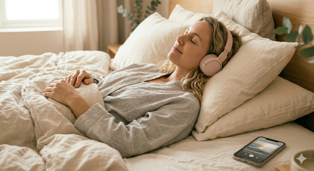 Vrouw ligt met koptelefoon op