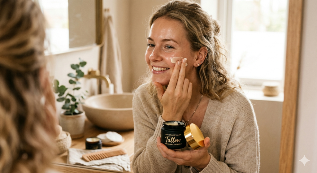 Vrouw gebruikt natuurlijke huidverzorging door Tallow op haar gezicht te smeren.